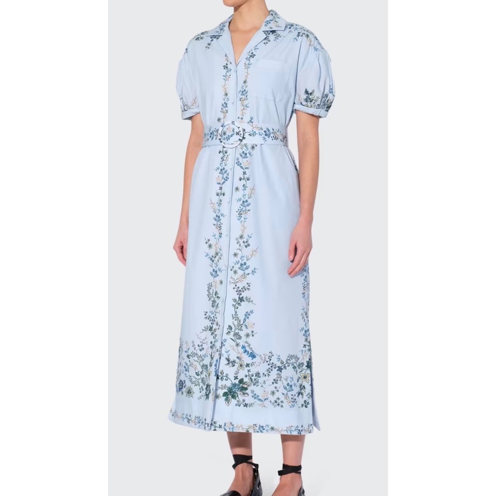Erdem Floral Print Poplin Midi Cotton Blue Puff Sleeve Dress Cottagecore US 14